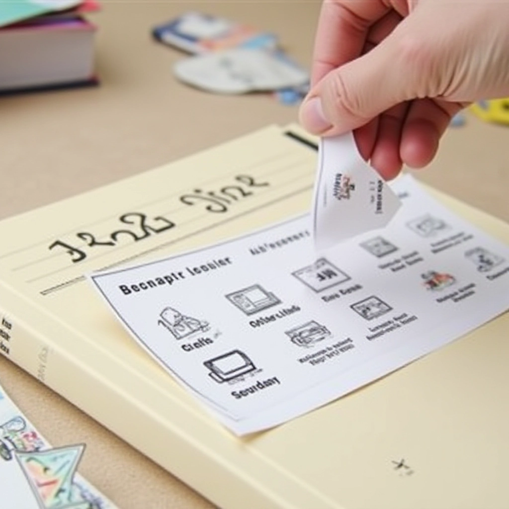 Etiquetas personalizadas sendo aplicadas em cadernos e livros escolares.