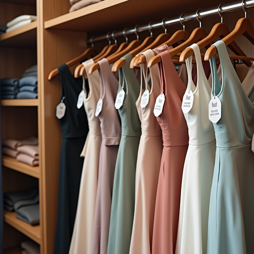Crie um sistema de rodízio para seus vestidos para usá-los com mais frequência. Sistema de rodízio de vestidos com etiquetas indicando a data da última vez que foram usados.