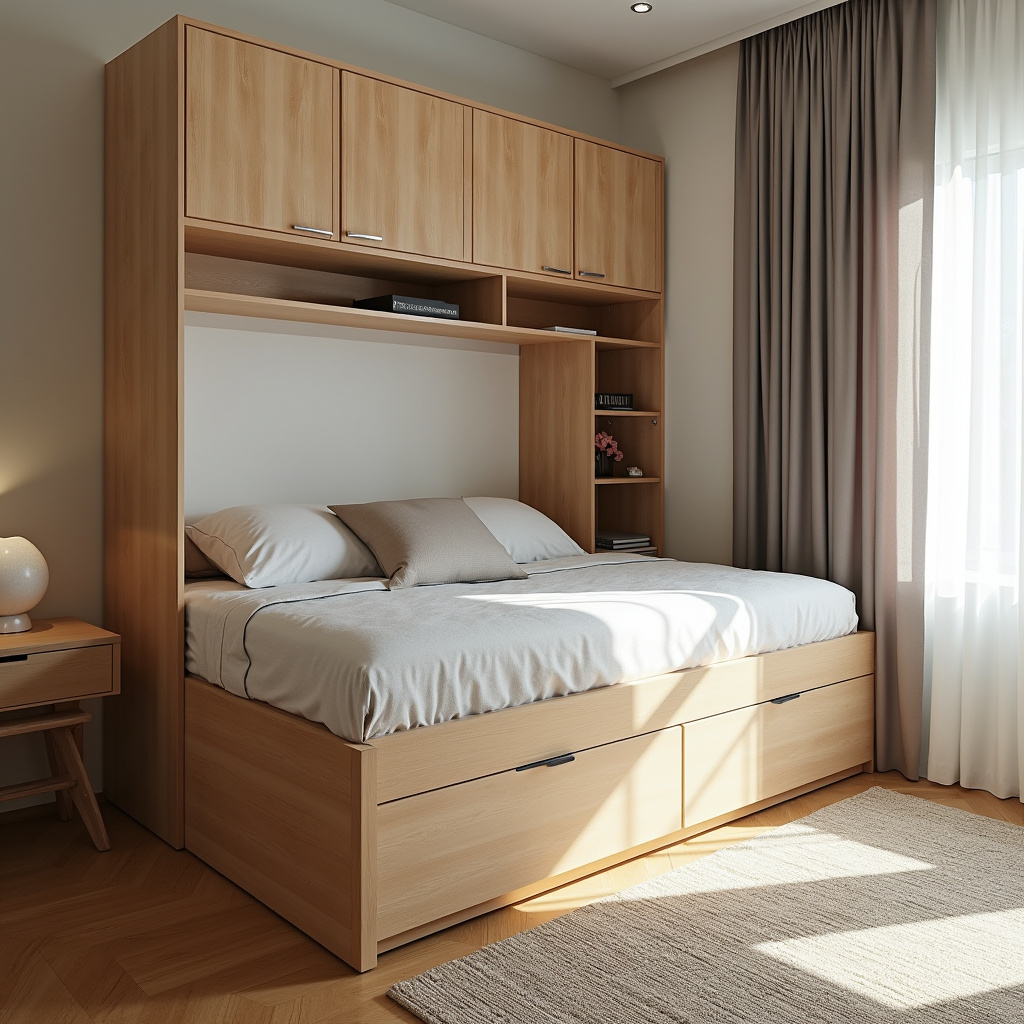 Small bedroom with multifunctional furniture, bed with drawers, shelf as a divider. Natural light, Quarto pequeno com móveis multifuncionais.