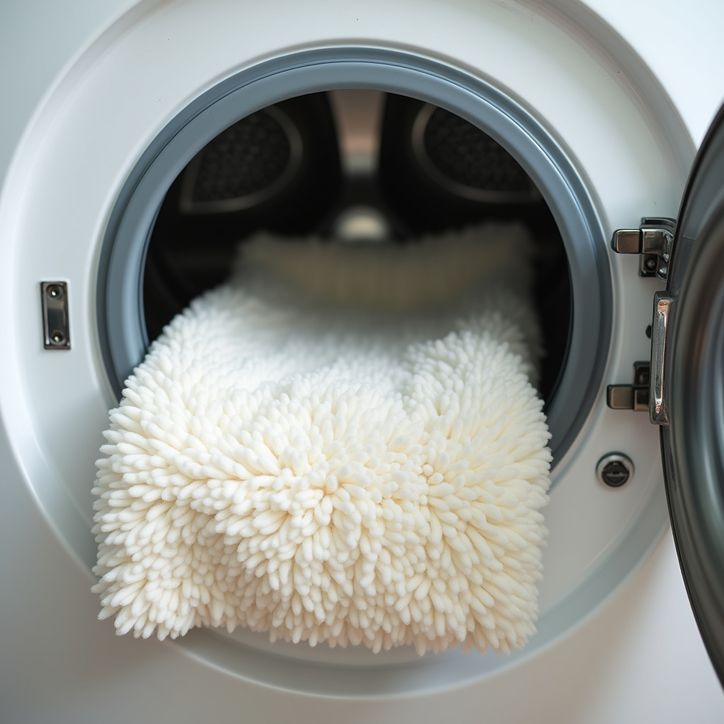 Small cotton rug being placed inside a washing machine, laundry room setting, bright, clean, 8K, Tapete pequeno de algodão sendo colocado na máquina de lavar.