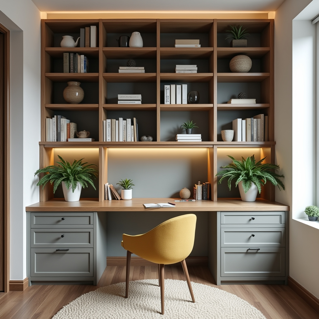 Small home office with shelves and niches, books, plants, decorative objects, Brazilian design, Prateleiras e nichos otimizando espaço vertical em home office.