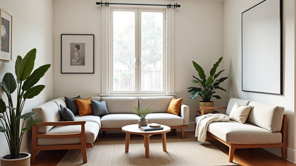 Small living room, curated decor, few objects, harmonious, balanced, bright, natural light, Sala pequena com decoração minimalista e equilibrada.