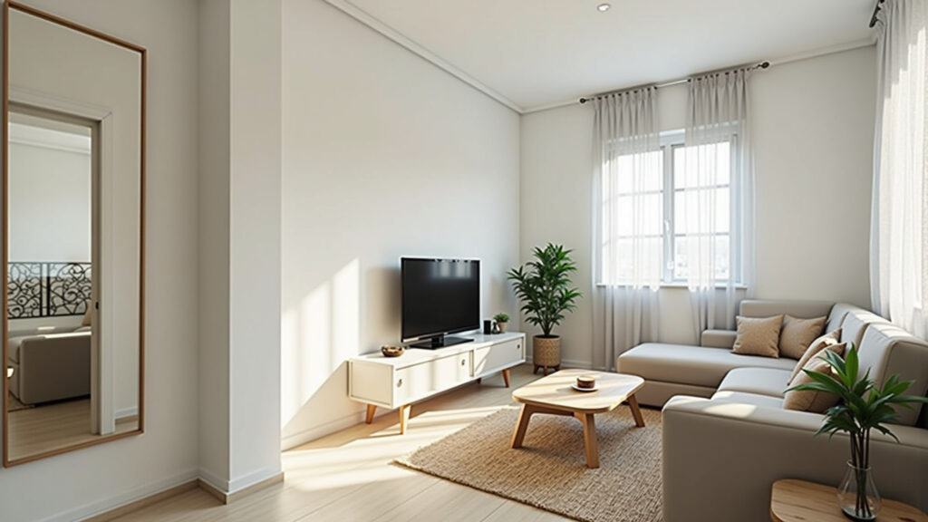 Small living room, large mirror reflecting window, bright, airy, light colors, minimalist decor, Espelho grande ampliando sala pequena e iluminada.