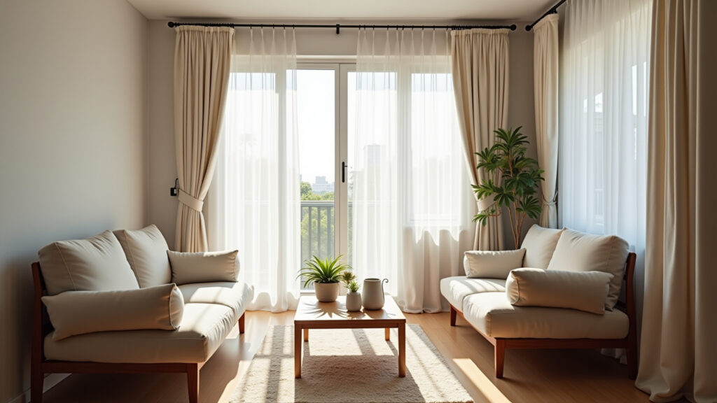 Small living room, light linen curtains, bright, natural light, airy, minimalist decor, Brazilian Cortinas leves e claras em sala pequena iluminada.