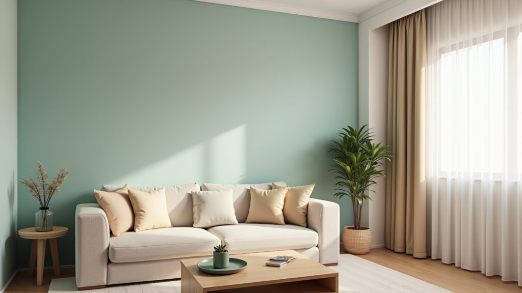Small living room, light pastel walls, bright, airy, minimalist decor, natural lighting, Brazilian Sala pequena com paredes claras e iluminação natural.