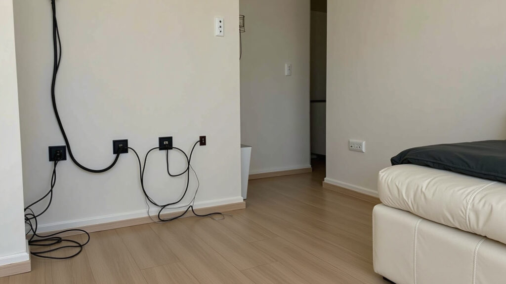 Small living room, organized cables, hidden wires, clean, tidy, minimalist decor, Brazilian Cabos organizados em sala pequena.
