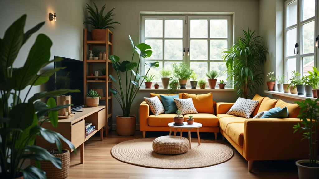 Small living room, plants, green, vibrant, natural light, cozy, Brazilian design, lifestyle Plantas trazendo vida para sala pequena.