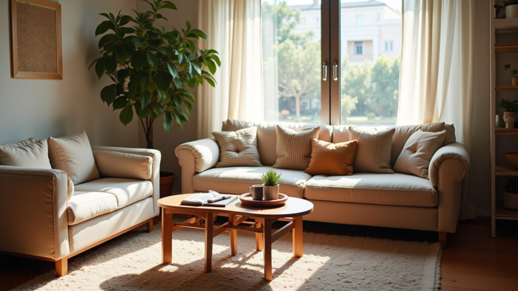 Small living room, rug defining space, cozy, comfortable, bright, natural light, Brazilian design, Tapete delimitando espaço em sala pequena.