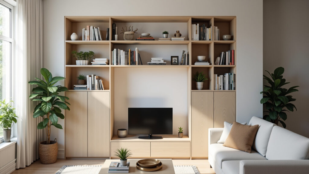 Small living room, shelves and niches, organized, books, plants, decor, bright, Brazilian Prateleiras e nichos organizando sala pequena.
