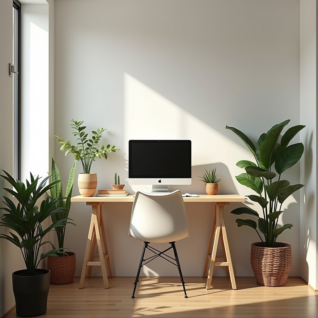 Small, well-organized home office, minimalist desk setup, natural light, plants, Brazilian design Home office pequeno e organizado com decoração minimalista e luz natural.
