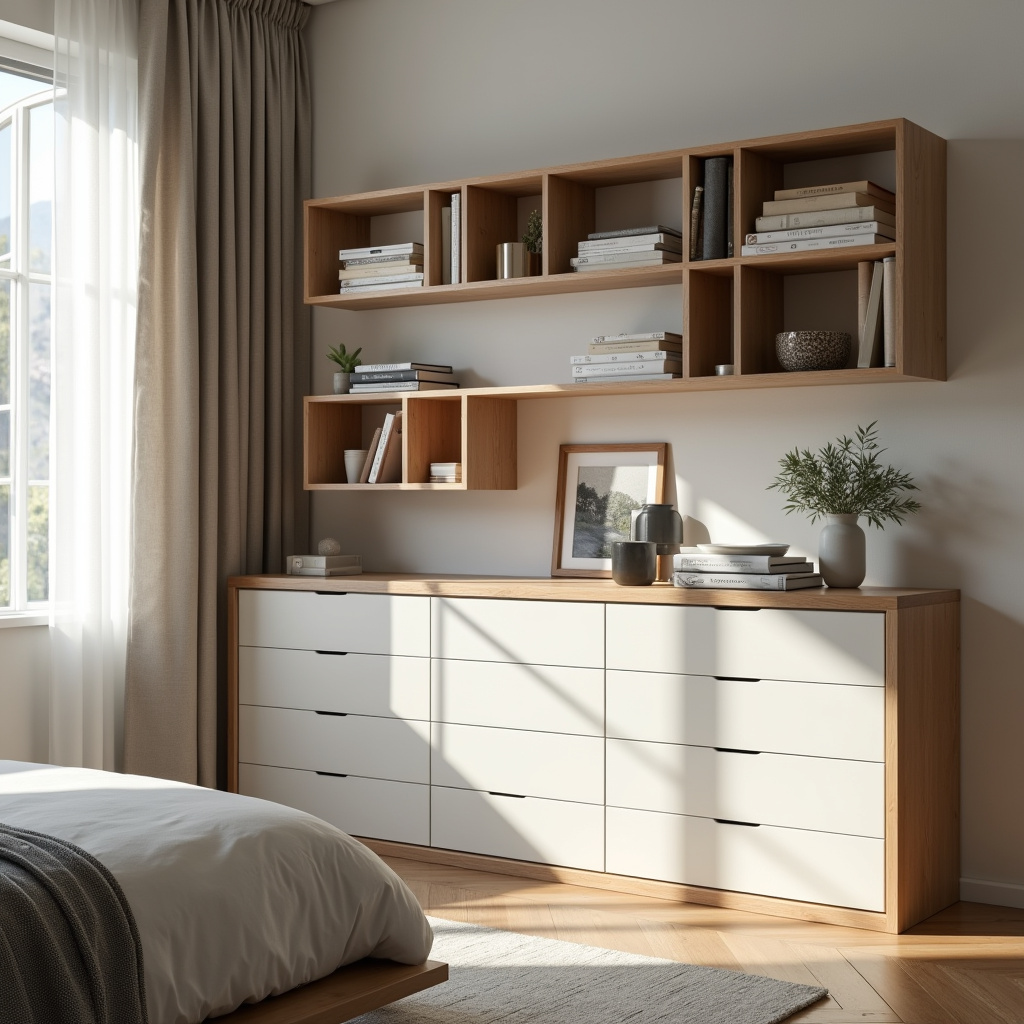 Smart storage boxes and shelves in a modern, minimalist bedroom, natural lighting, 8K, professional Caixas e prateleiras organizadoras em quarto minimalista.