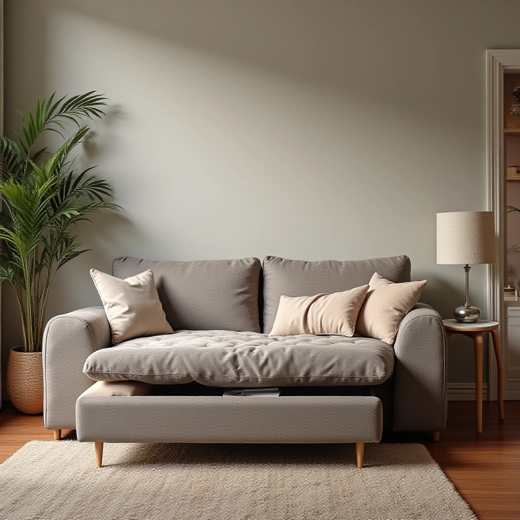 Sofá-cama multifuncional com espaço para guardar itens do bebê.