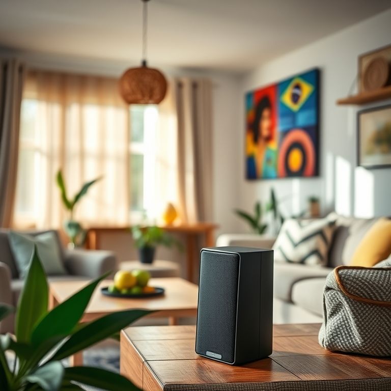 Som ambiente controlado por Alexa em sala de estar vibrante.