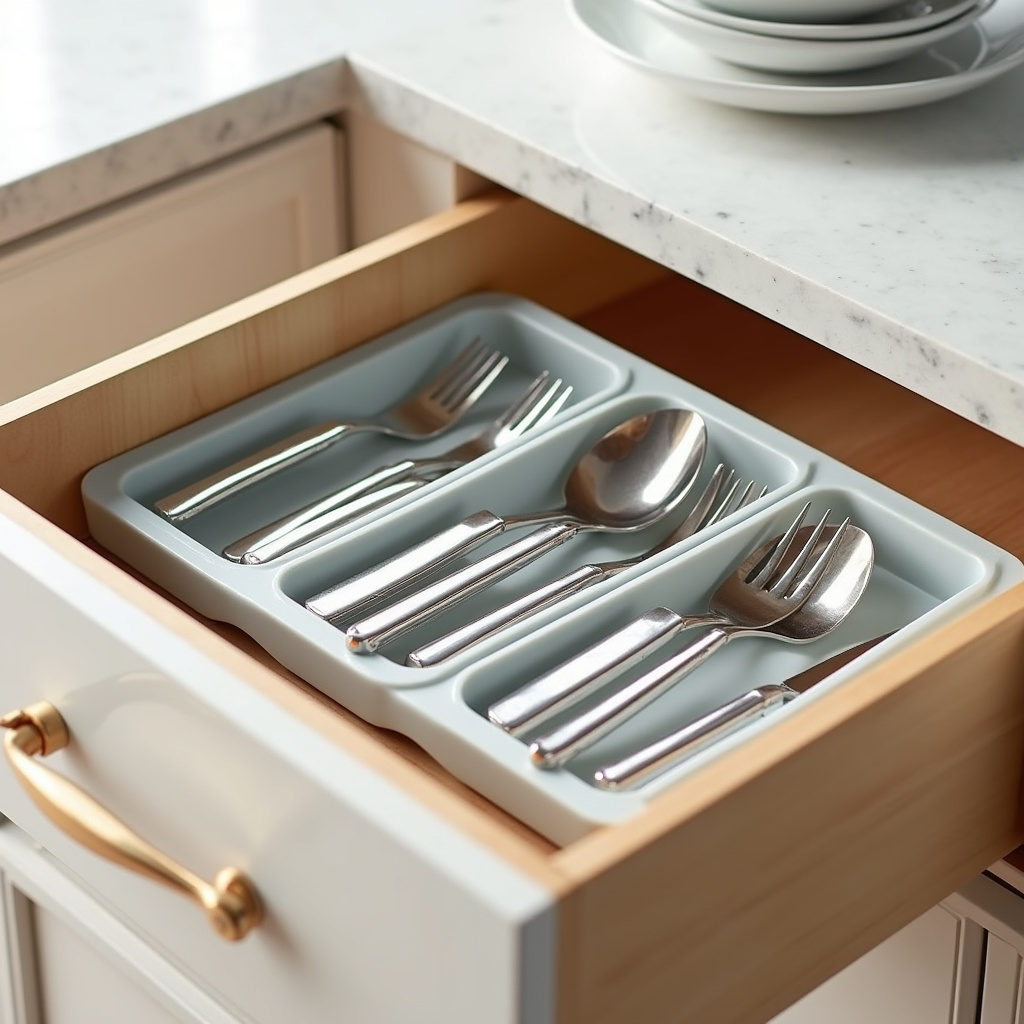 Organizadores de talheres empilháveis.