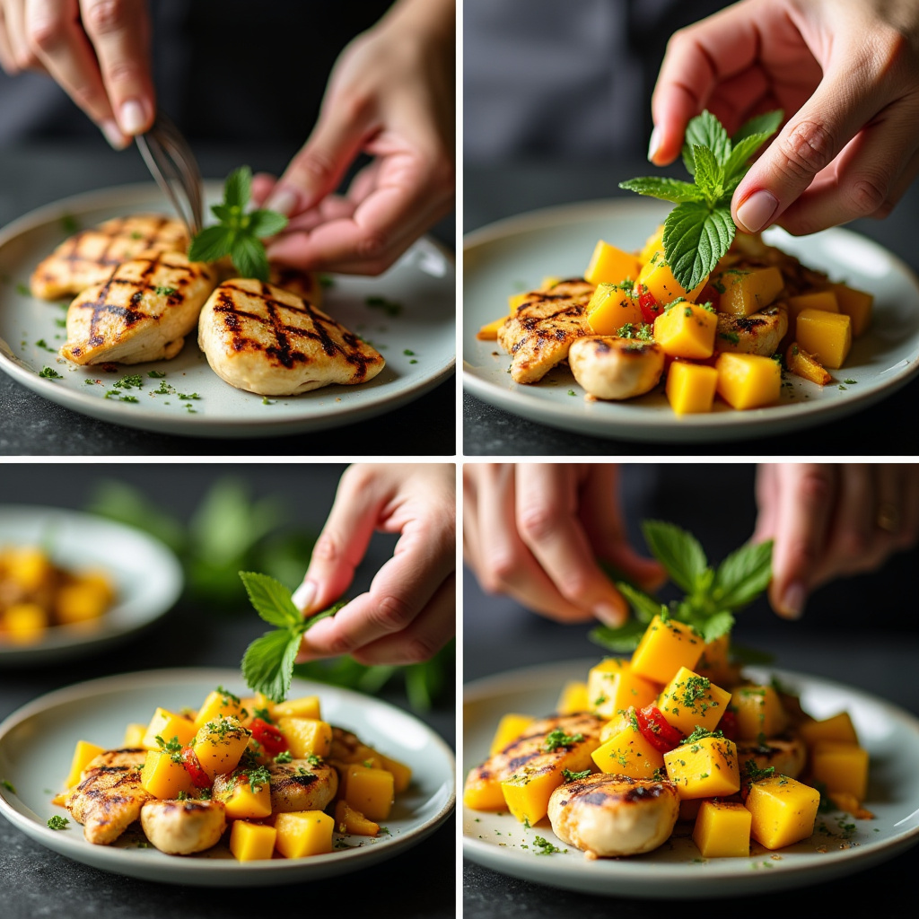 Step-by-step preparation of grilled chicken and mango salad. Hands adding mint, vibrant colors, Preparo da salada de frango com manga e hortelã.