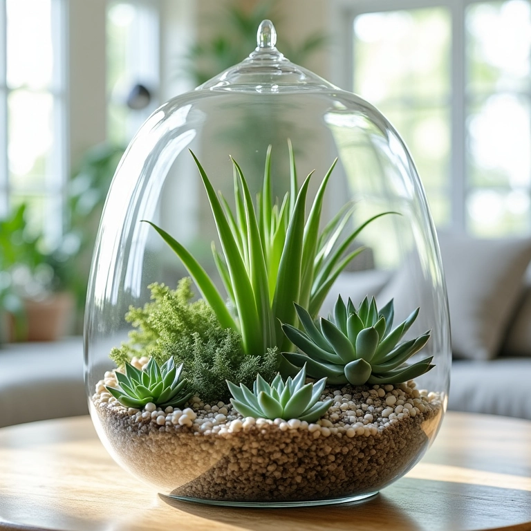 Suculentas e plantas aéreas em um terrário com tema praiano.