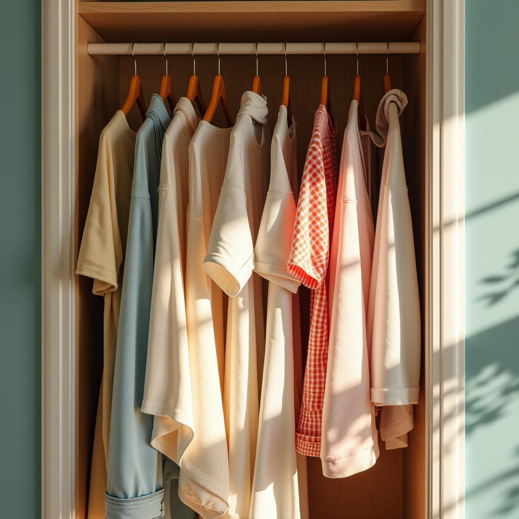 Summer clothes: light fabrics, bright colors in a closet. Natural light, 8K quality, sharp focus, Roupas leves e coloridas para o verão.