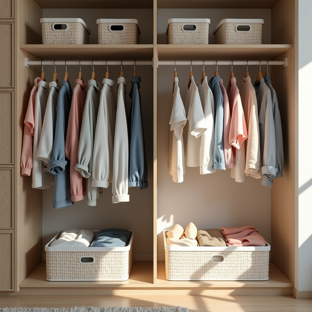Summer clothes separated from winter clothes in a closet. Organized storage boxes. Natural light, Roupas de verão e inverno separadas no armário.