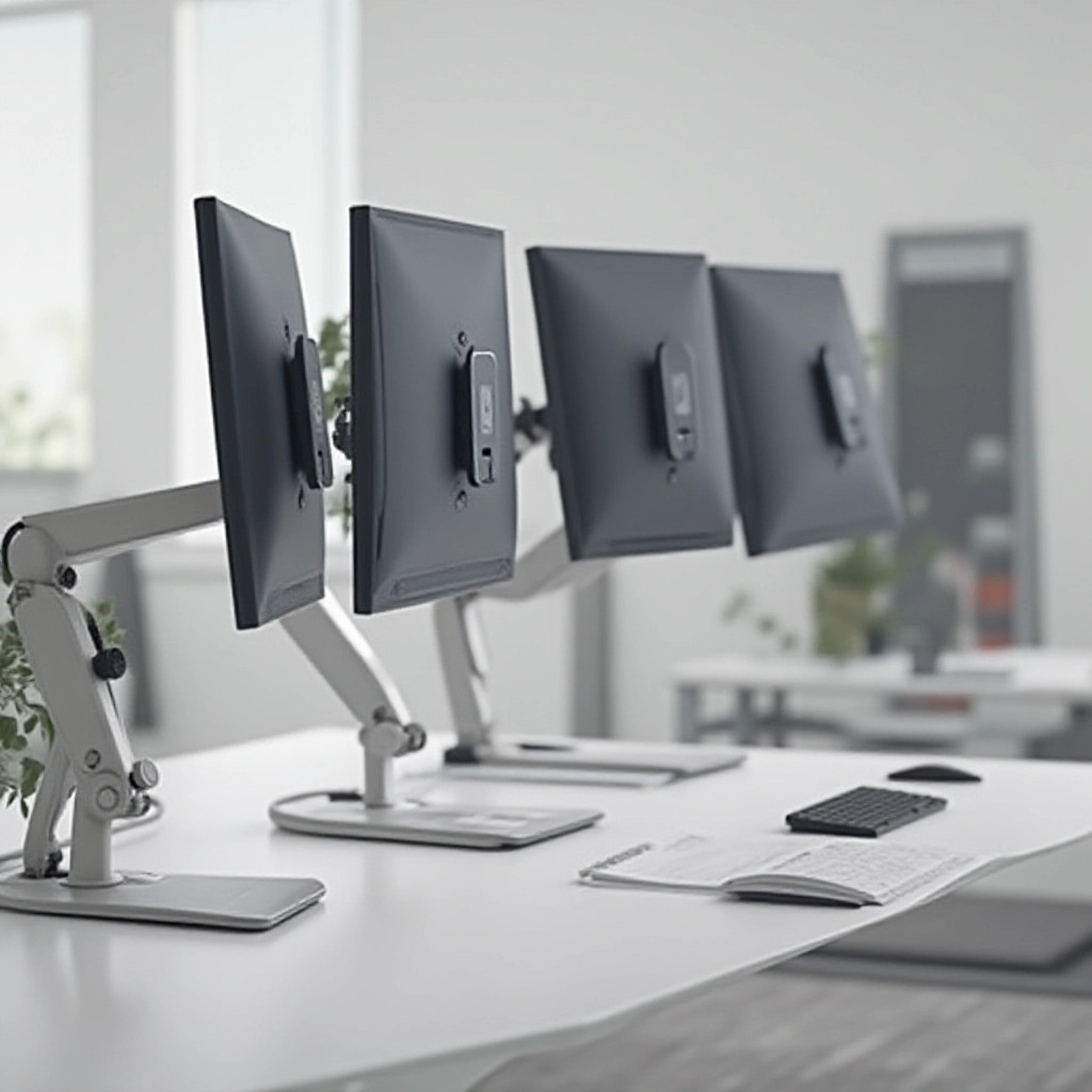 Suportes para monitores elevando os monitores para uma altura ergonômica.