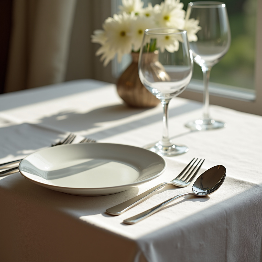 Mesa posta com talheres, prato e guardanapo.