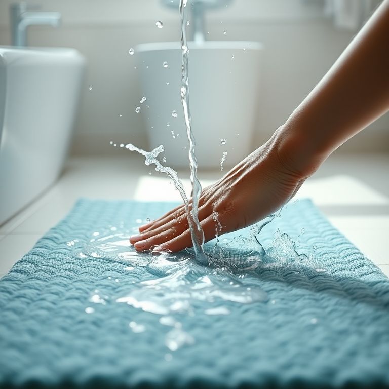 Tapete de banheiro sendo facilmente limpo com água, demonstrando a praticidade e a facilidade de manutenção.