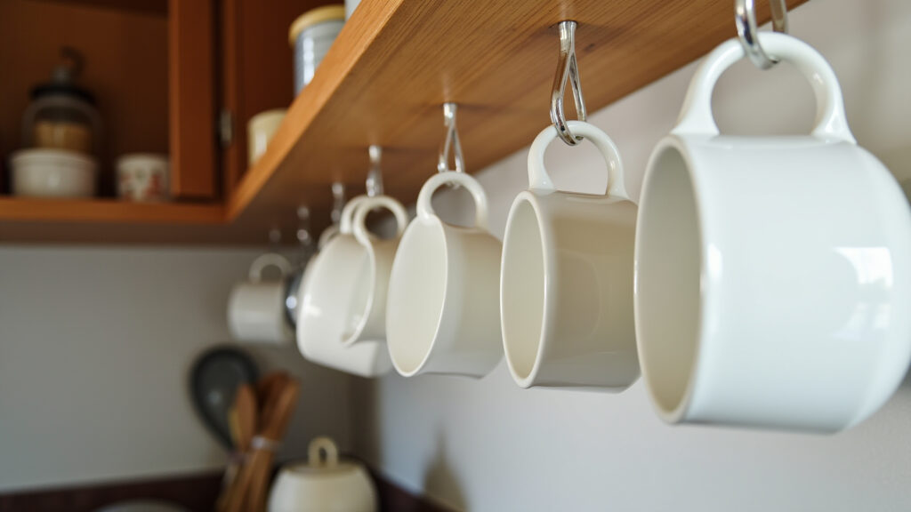 Teacups with handles hanging on hooks inside a Brazilian kitchen cabinet, a creative and Xícaras penduradas em ganchos no armário.