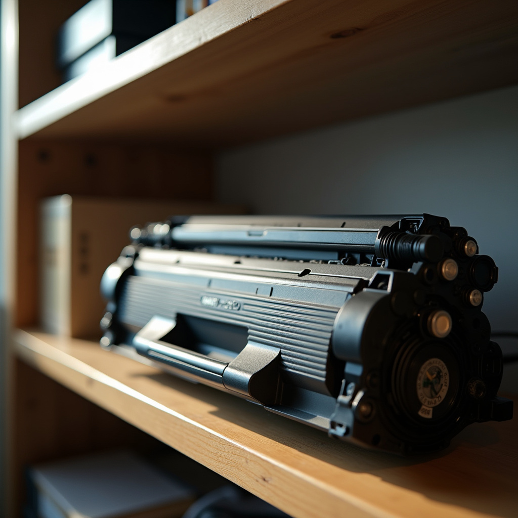Toner stored in cool, dry place, organized shelf, natural light, professional photography, 8K Armazenando toner corretamente.