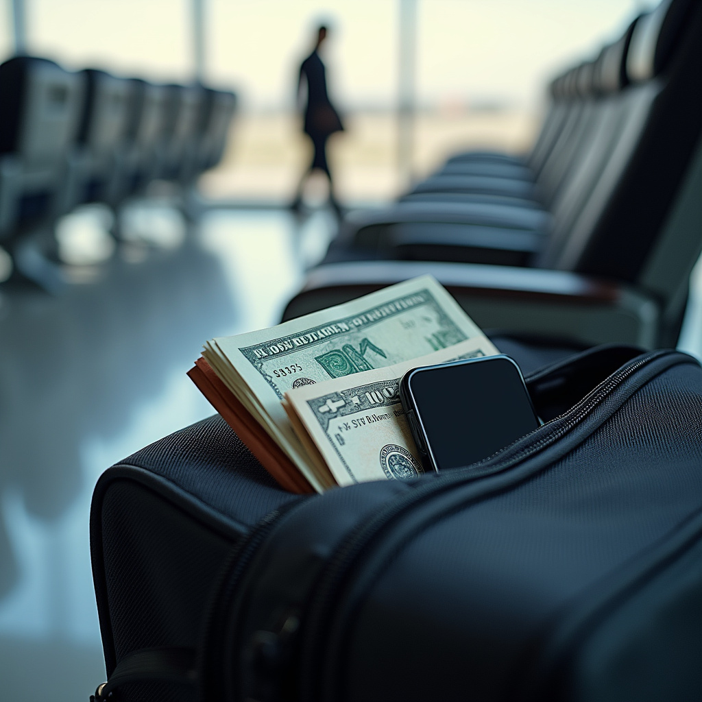 Travel documents, money, phone in carry-on bag, airport setting, natural light, 8K quality, sharp Documentos e itens essenciais na bagagem de mão.