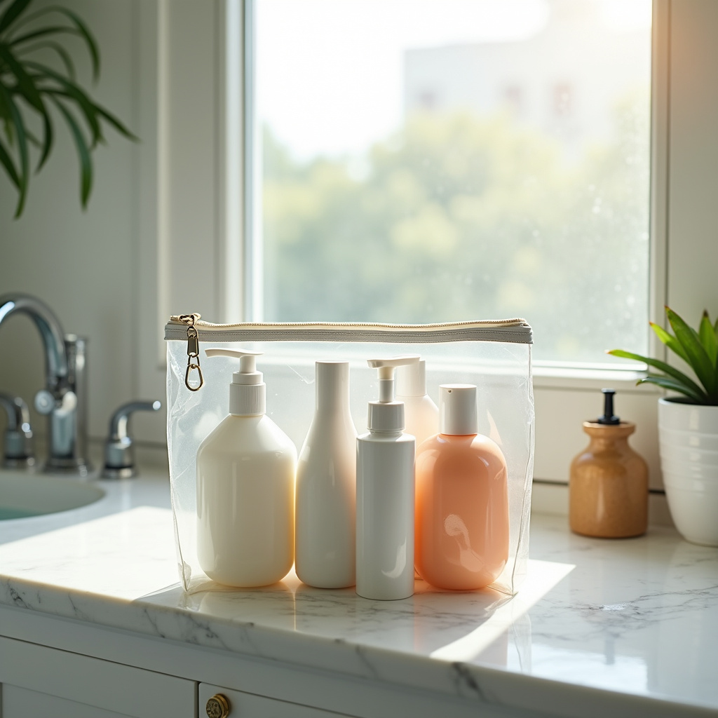 Travel toiletries in clear bag, preventing leaks, bright bathroom, natural light, 8K quality, sharp Organizando produtos de higiene na mala.