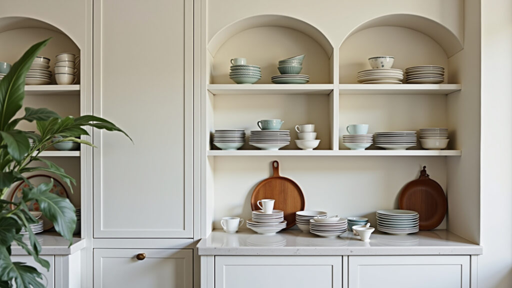 Using niches and external shelves to organize teacups and saucers in a Brazilian kitchen, Nichos e prateleiras externas para organizar xícaras.