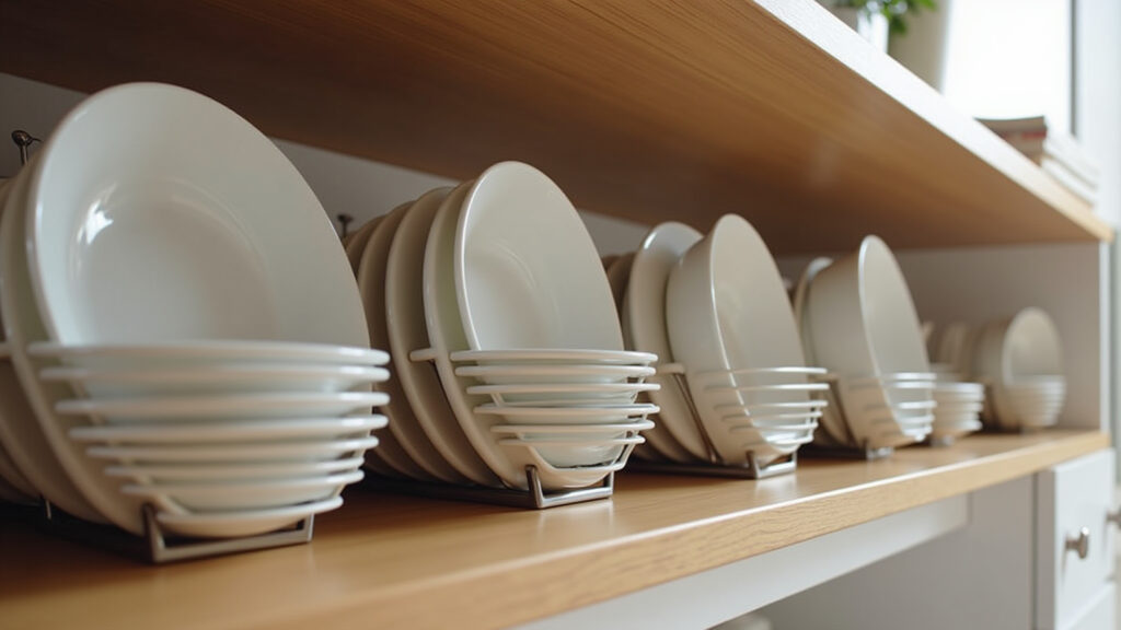 Using plate organizers to neatly arrange saucers in a Brazilian kitchen cabinet, maximizing space Pires organizados com organizadores de pratos.
