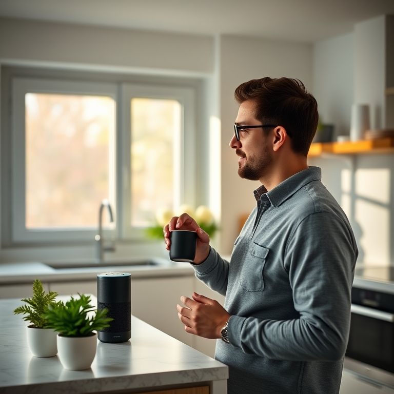 Usuário iniciando rotina matinal com Alexa em cozinha moderna.