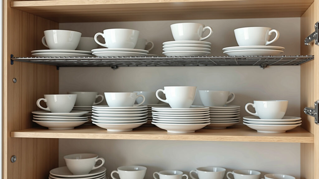 Utilizing wire shelves to optimize vertical space in a Brazilian kitchen cabinet, showcasing Prateleiras aramadas otimizando espaço vertical.
