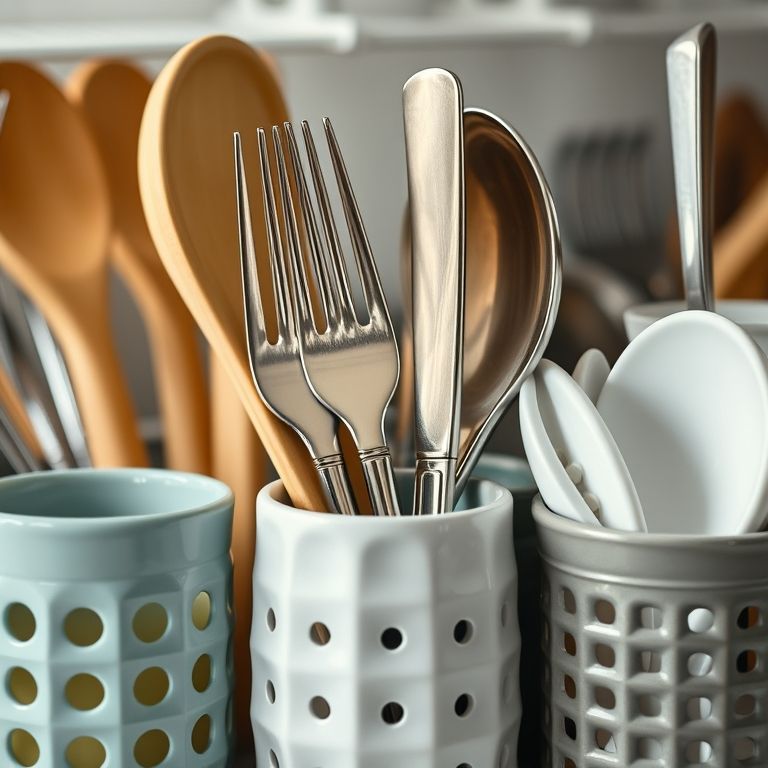 Variedade de materiais para organizadores de talheres: bambu, inox, plástico, cerâmica.