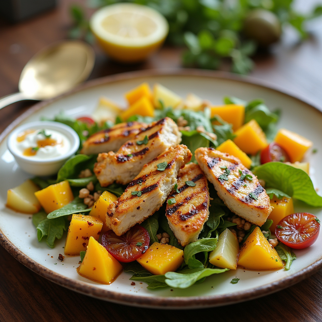 Variety of dressings for grilled chicken mango salad: lemon, yogurt, balsamic. Natural light, Opções de molho para salada de frango com manga.
