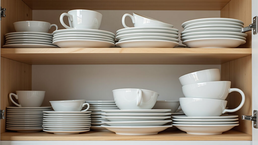Various methods of organizing teacups and saucers in a modern Brazilian kitchen cabinet, including Métodos de organização de xícaras e pires.