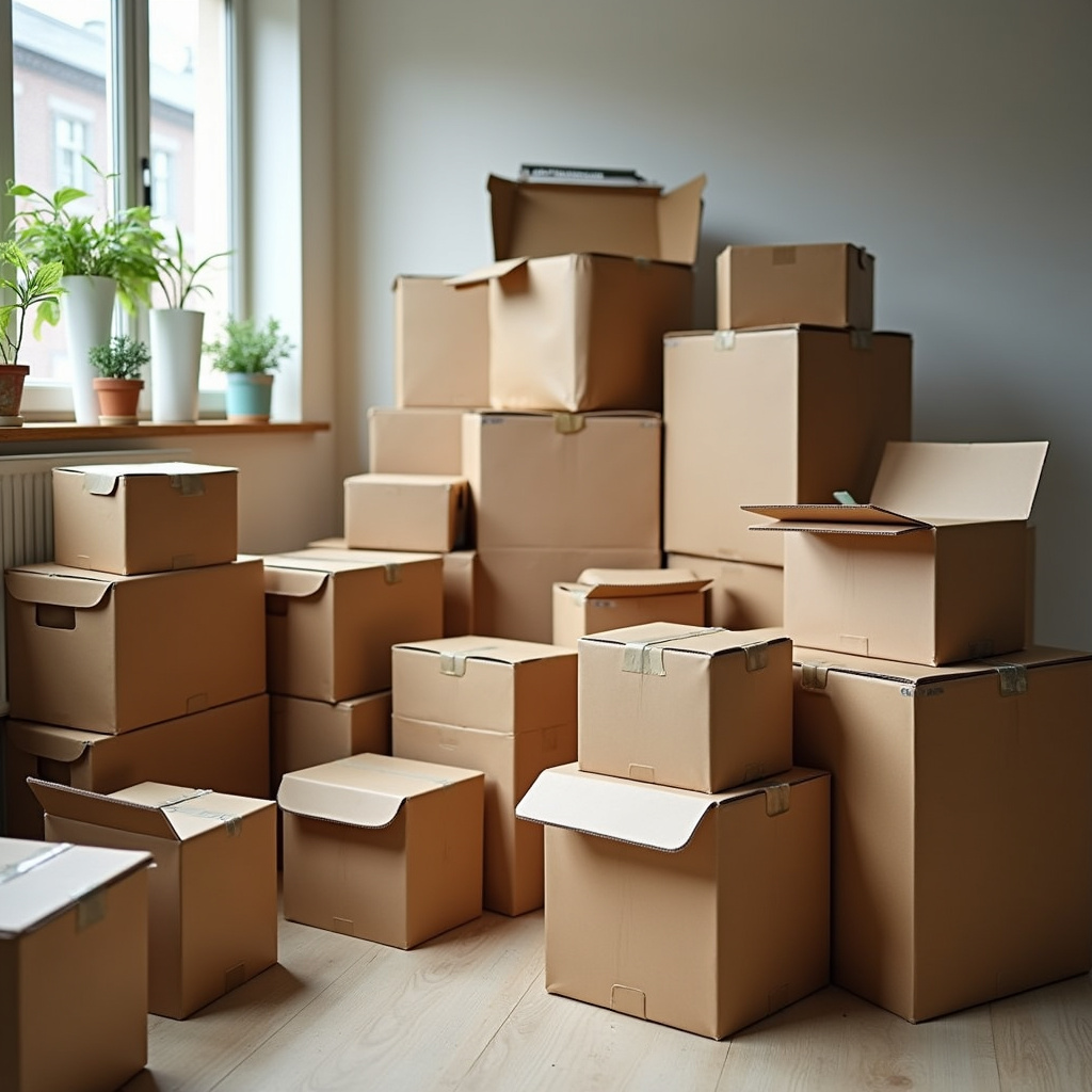 Various sized storage boxes and containers, some too big for the space. Natural light, 8K quality, Organizadores inadequados: caixas grandes demais para o espaço.