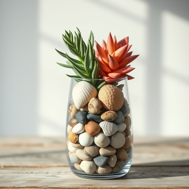 Vaso com decoração de pedras e seixos.