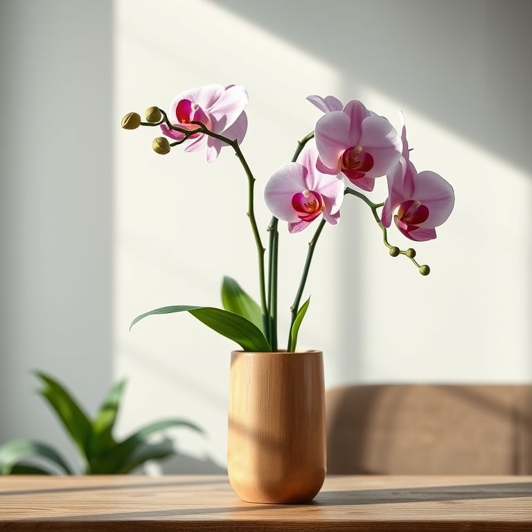 Vaso de bambu elegante com orquídeas.