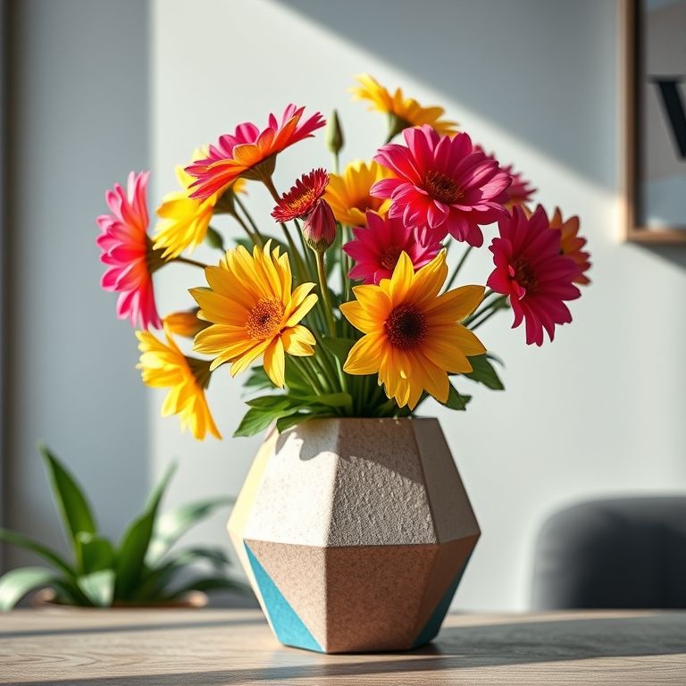 Vaso de concreto colorido com design geométrico e flores vibrantes.