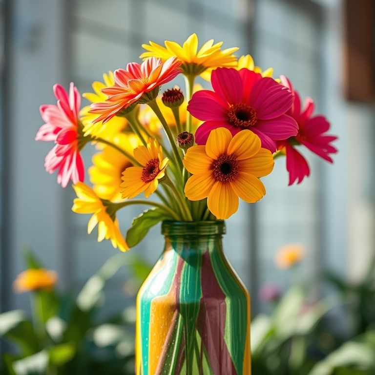 Vaso de garrafa de vidro decorado com tinta colorida e flores vibrantes.