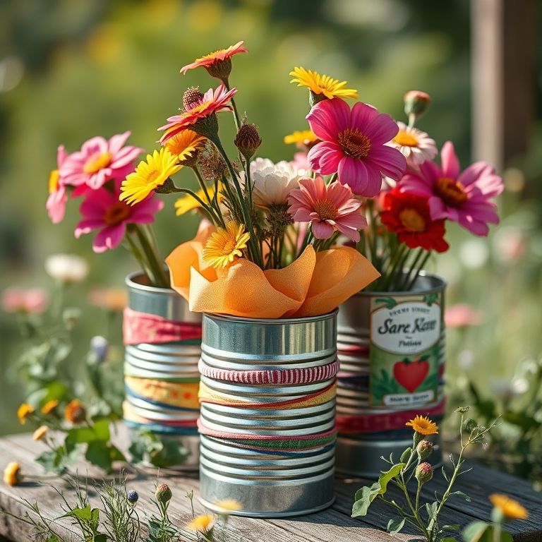 Vaso de lata decorada com tecido colorido e flores silvestres.