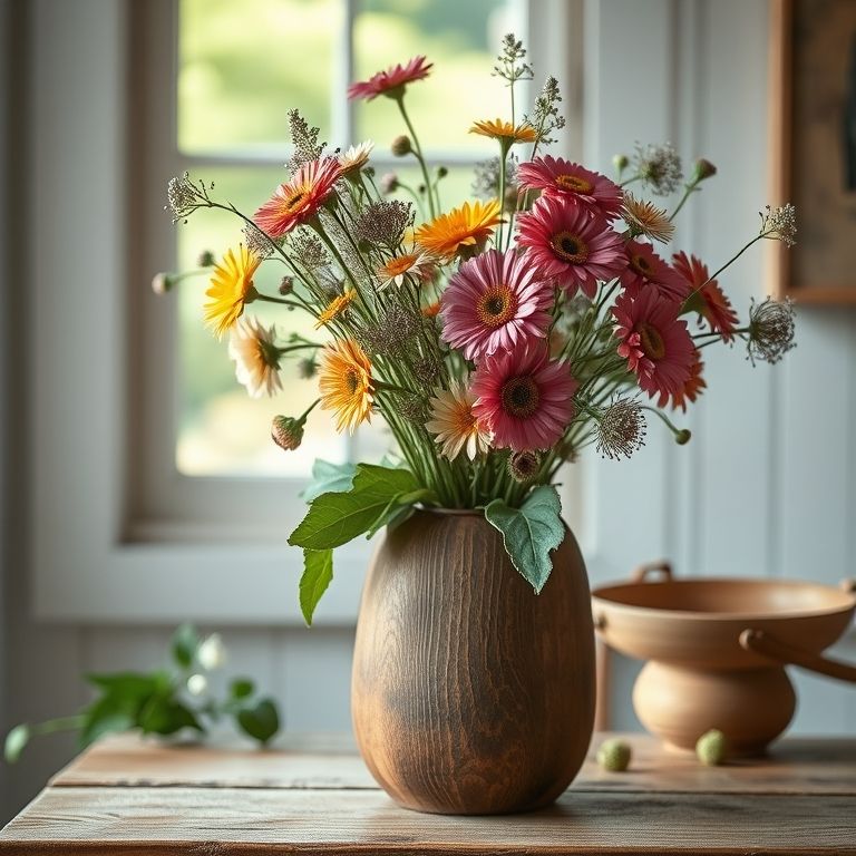 Vaso de madeira rústico com flores silvestres.