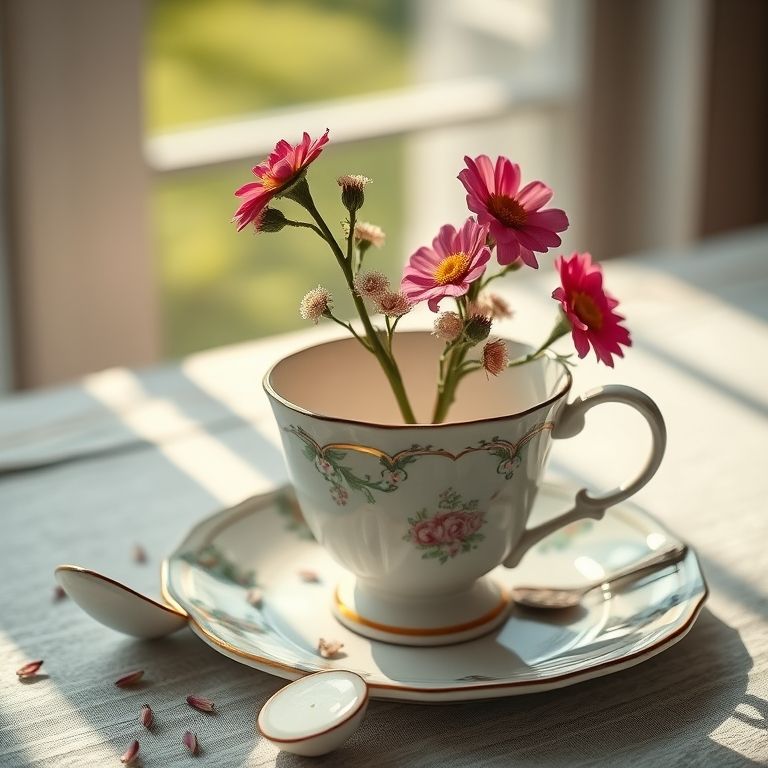 Vaso de xícara quebrada com flores pequenas.