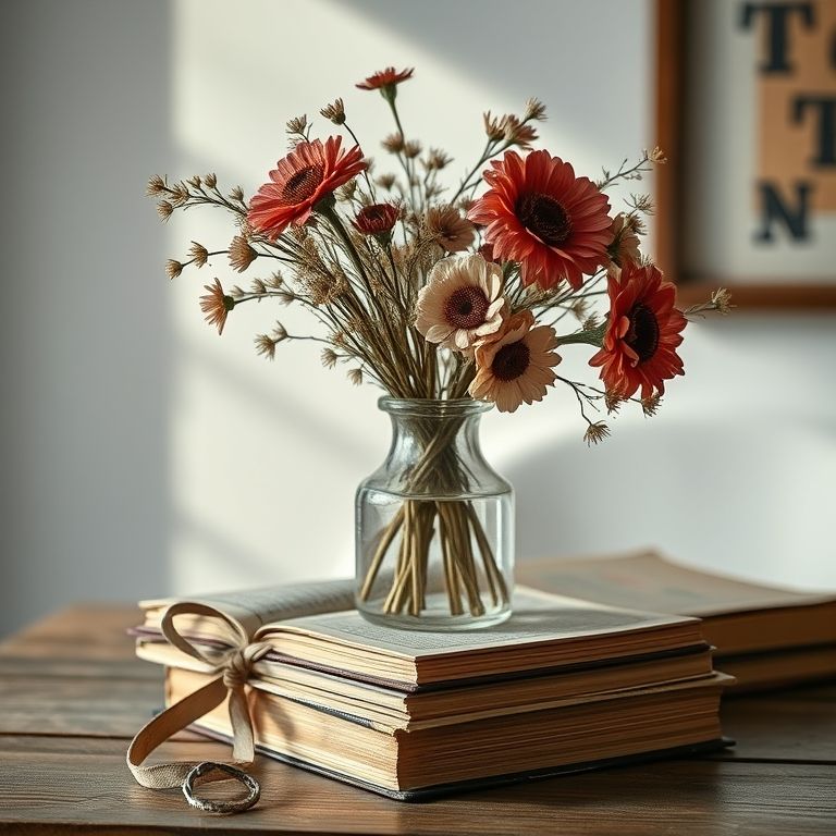 Vaso feito de livros antigos transformados com flores secas.