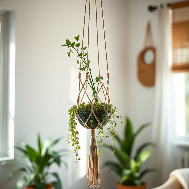 Vaso suspenso feito com macramê e plantas pendentes.