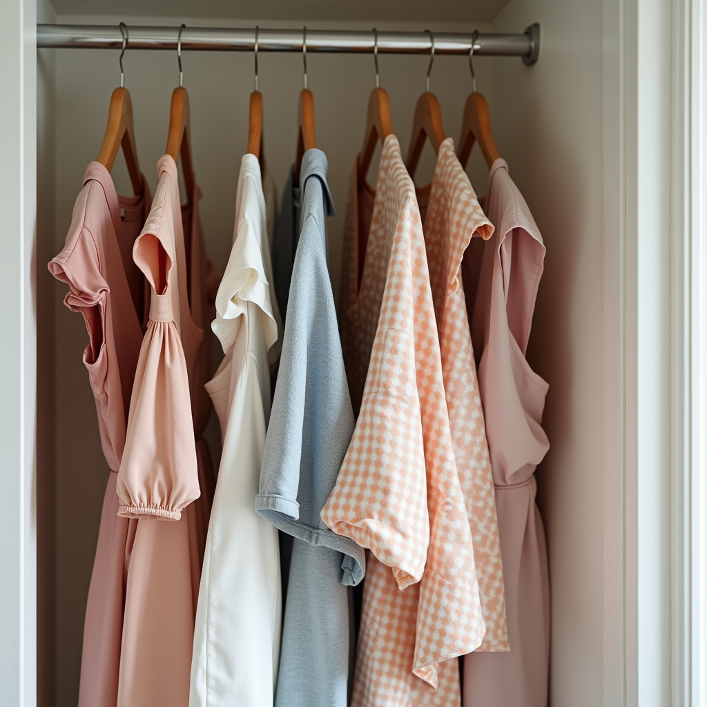 Versatile summer outfits hanging in a closet. Capsule wardrobe. Natural light, 8K quality, sharp Looks versáteis para o dia a dia no verão.