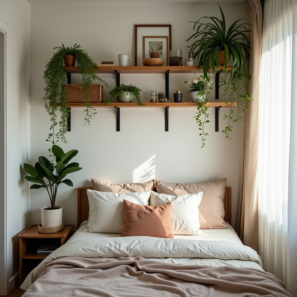 Vertical space optimization with shelves and plants in a small Brazilian bedroom, natural light, Prateleiras otimizando espaço vertical em quarto pequeno.