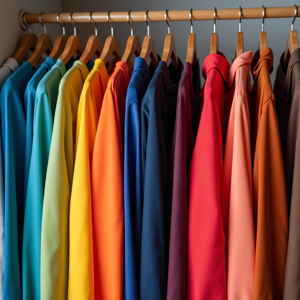 Organize seus vestidos por cor para criar um visual harmonioso e facilitar a busca. Vestidos organizados por cor em um closet.