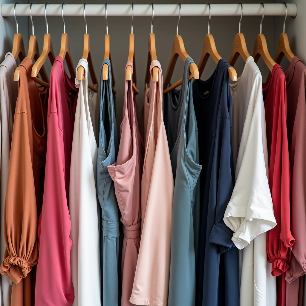 Separe seus vestidos por tipo e ocasião para facilitar a escolha. Vestidos separados por tipo e ocasião em um closet.